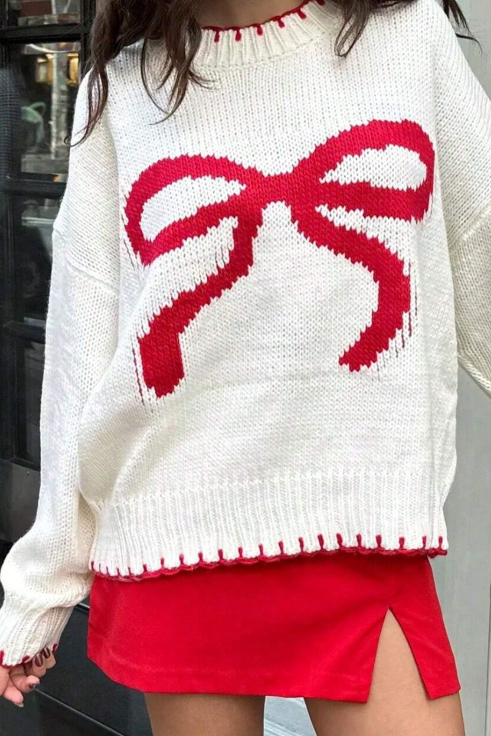 Bow Graphic Round Neck Long Sleeve Sweater(ships 2-3 weeks) 3 Colors