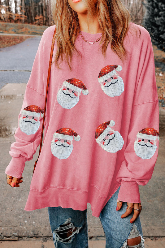 Pink Sequined Santa Clause Graphic Split Sweatshirt ships 2-3 weeks