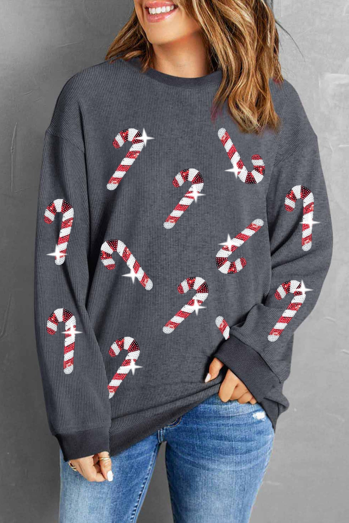 Sequin Candy Cane Round Neck Sweatshirt ships 2-3 weeks