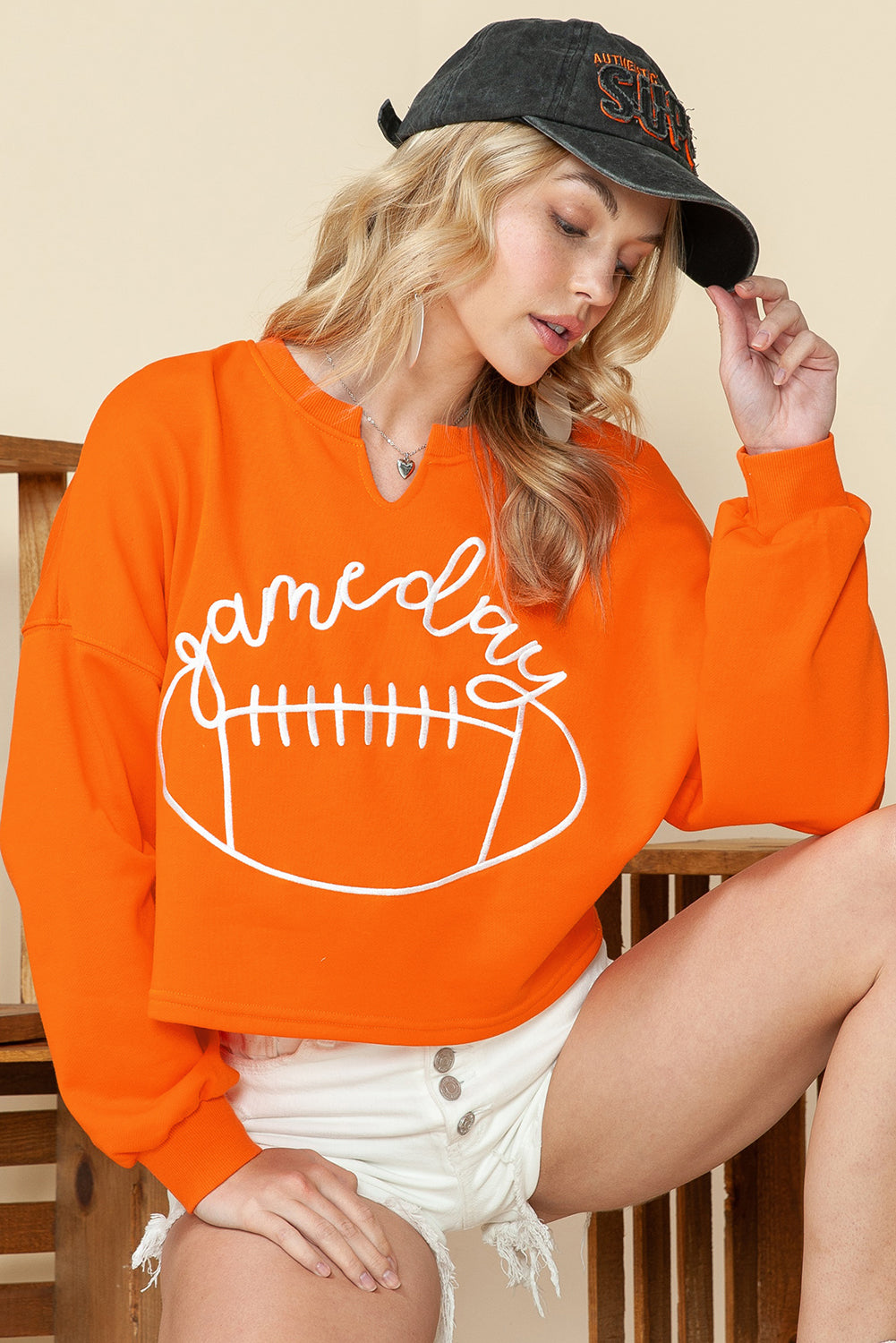 Orange Game Day Lettering Rugby Notched Neck Cropped Sweatshirt (ships 2 weeks)