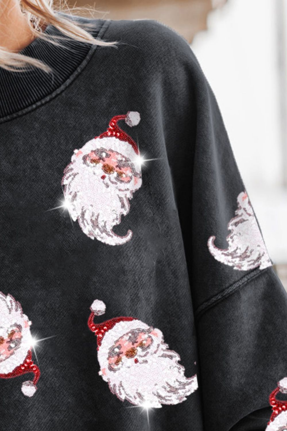 Sequin Santa Round Neck Drop Shoulder Sweatshirt(ships 2-3 weeks)