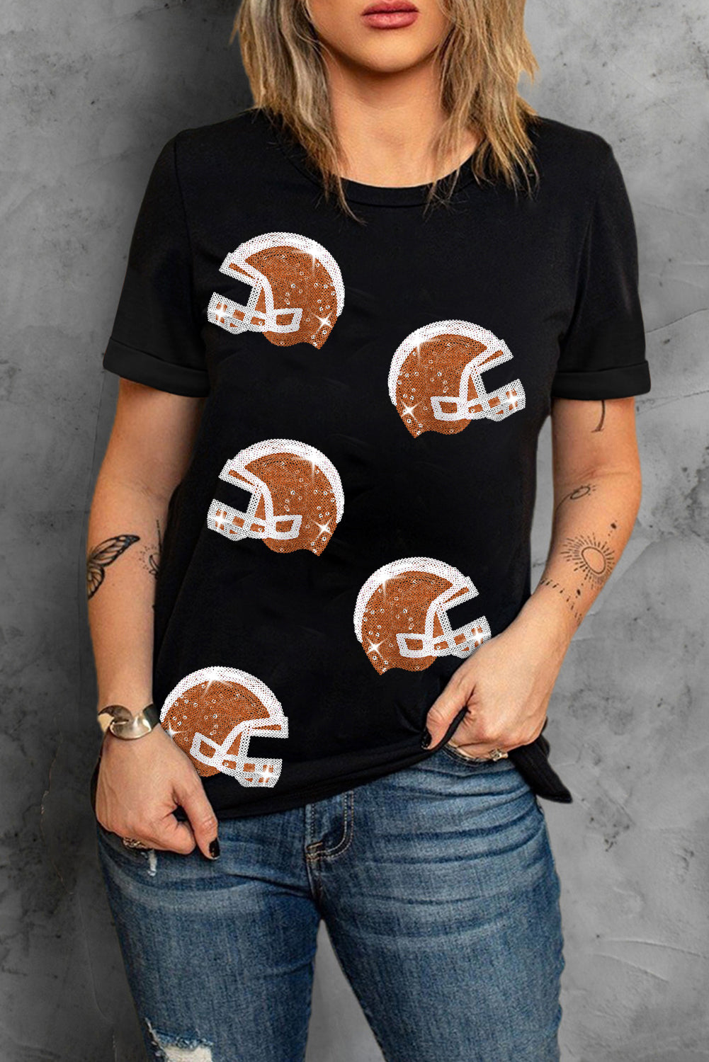 Black Sequin Baseball Helmet Graphic Crewneck T Shirt (ships 2 weeks)