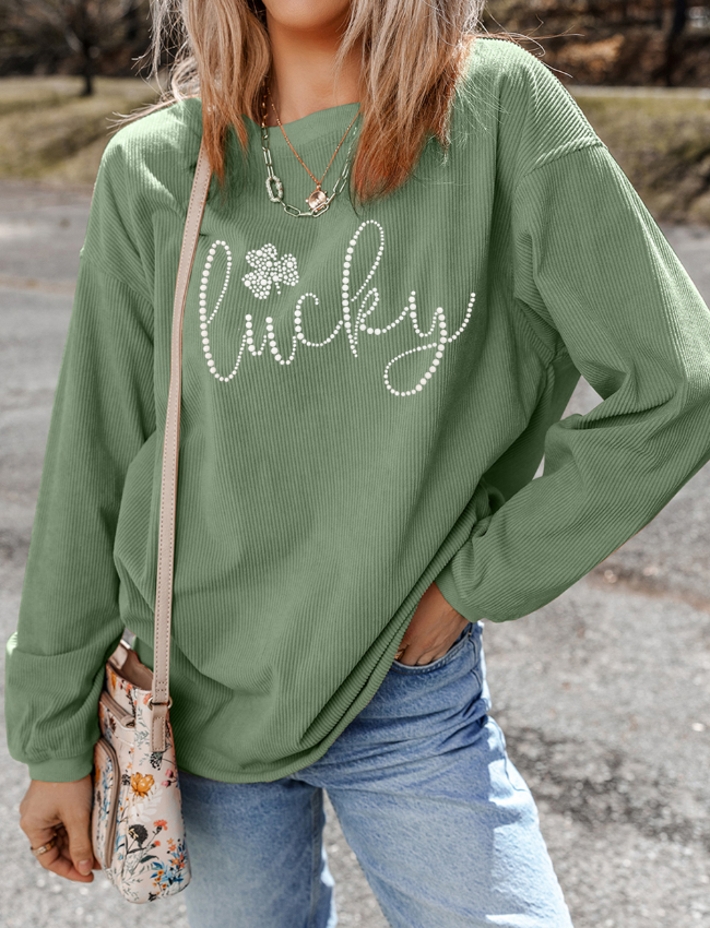 LUCKY Rhinestone Round Neck Long Sleeve Sweatshirt  (ships 2-3 weeks)