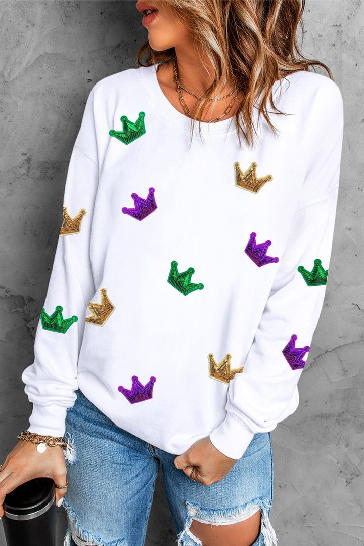 Crown Sequin Round Neck Sweatshirt (ships 1-2 weeks)