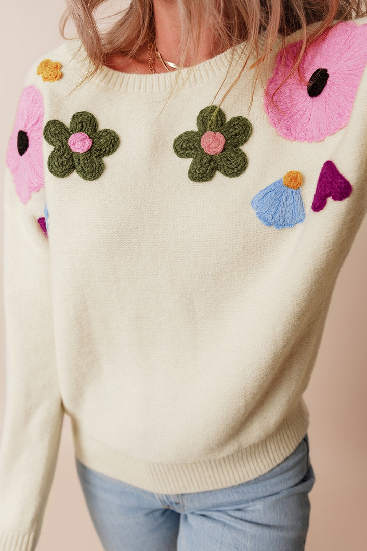 Crochet Flower Round Neck Dropped Shoulder Sweater (ships 1-2 weeks)