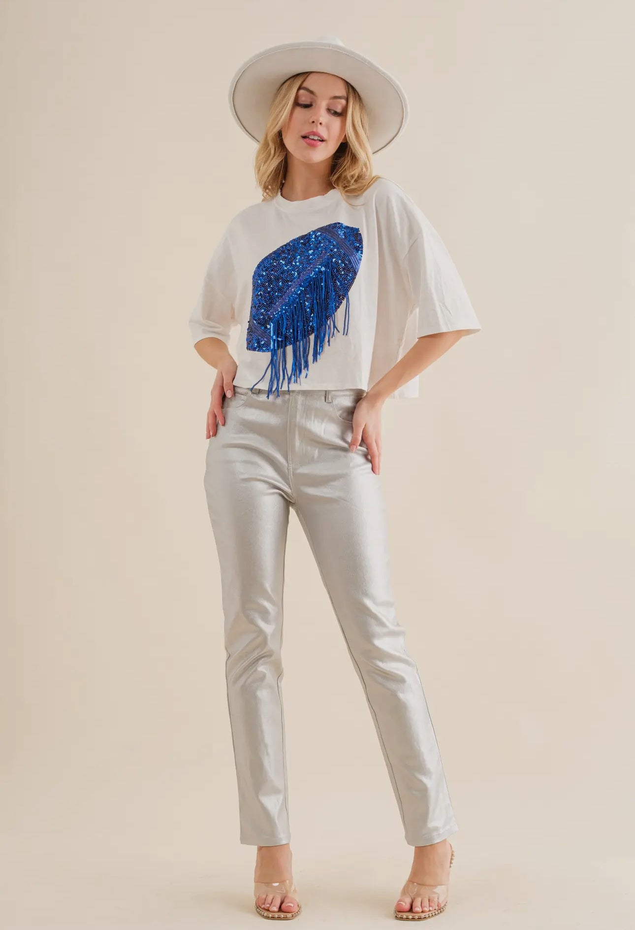 Sequin Football fringe top BLUE AND WHITE