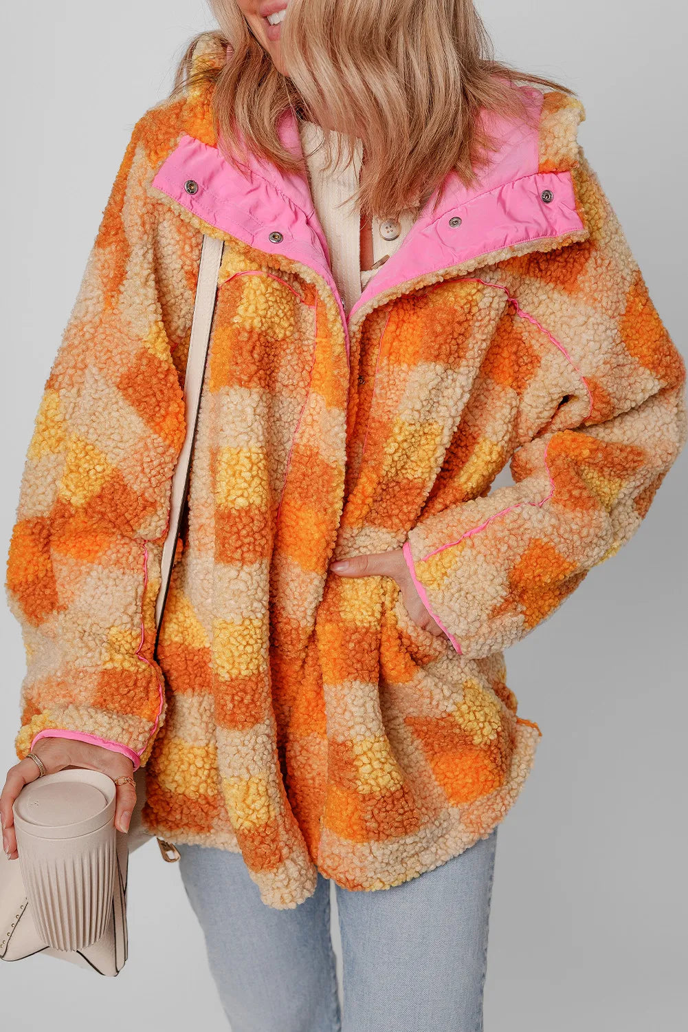 Pink & Orange Plaid Long Sleeve Hooded Jacket (ships 1-2 weeks)