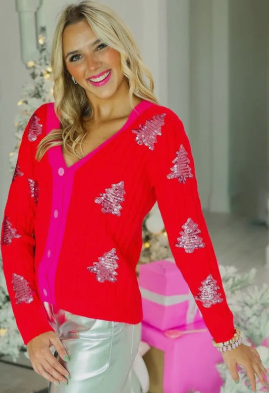 Red & Pink Sequin Christmas Tree Cardigan