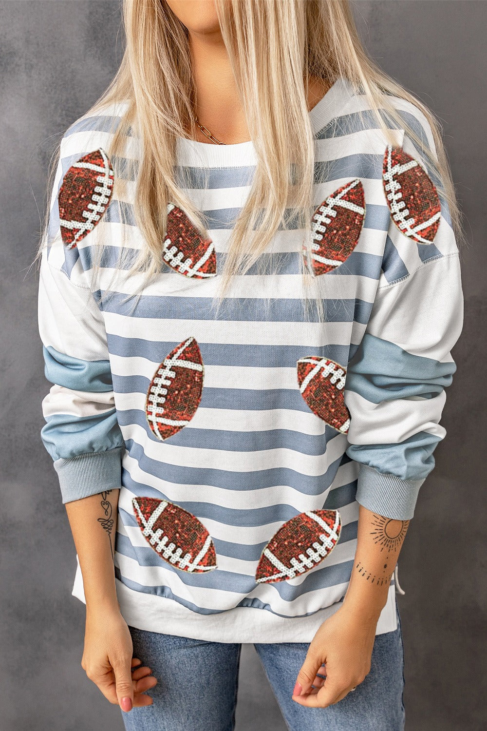 Football Striped Round Neck Long Sleeve Sweatshirt (ships 1-2 weeks)