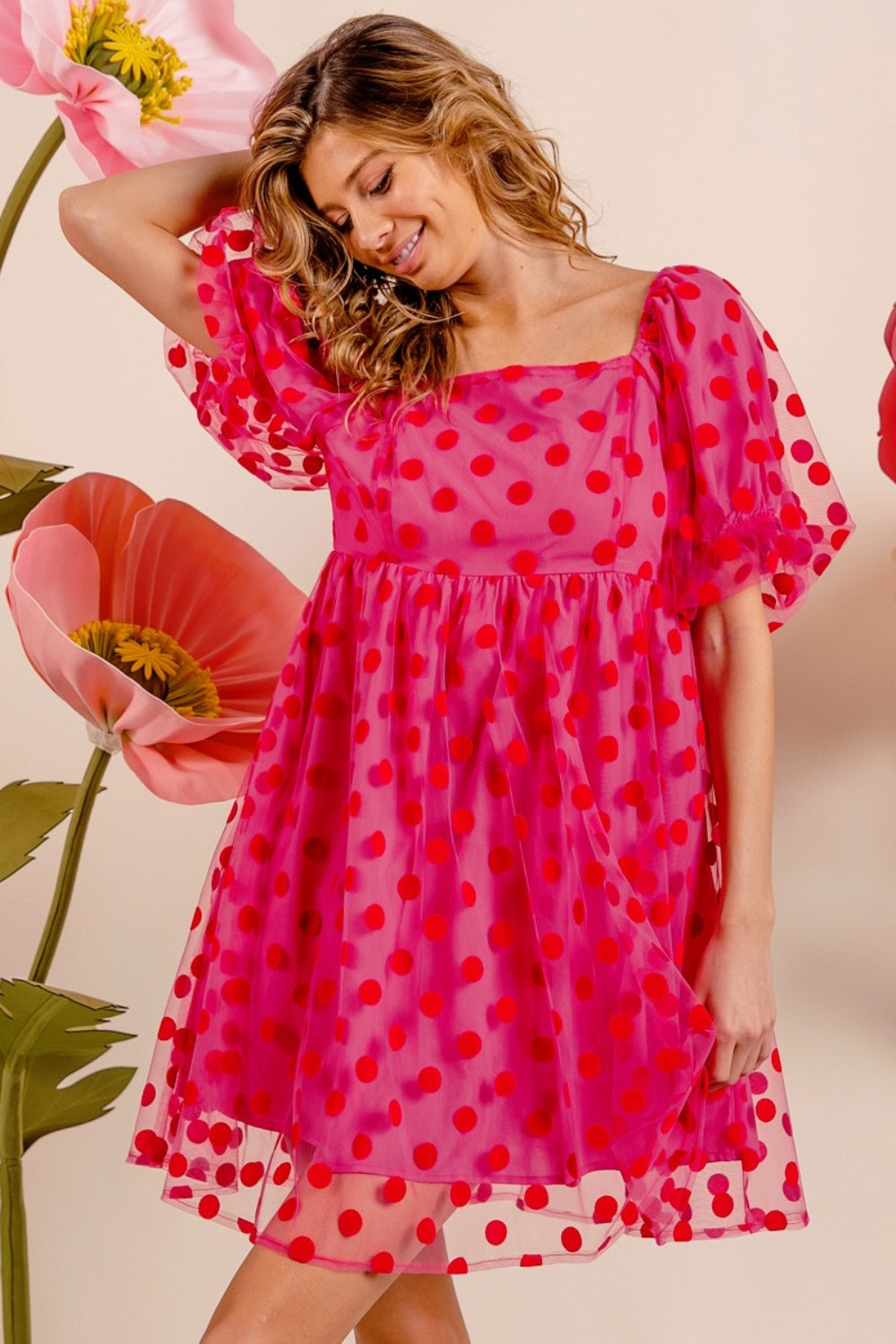 BiBi Polka Dot Mesh Puff Sleeve Dress RTS