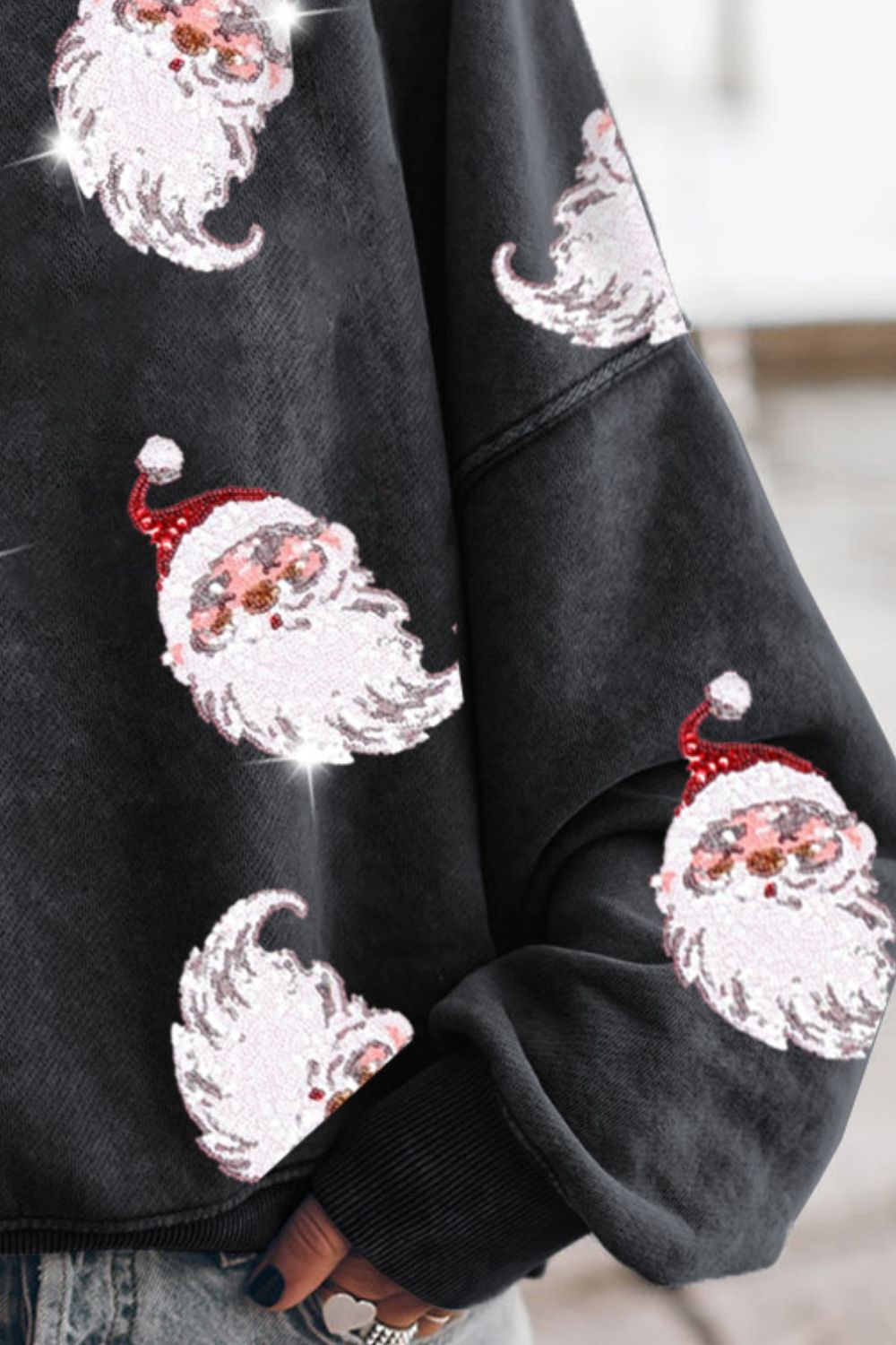 Sequin Santa Round Neck Drop Shoulder Sweatshirt(ships 2-3 weeks)