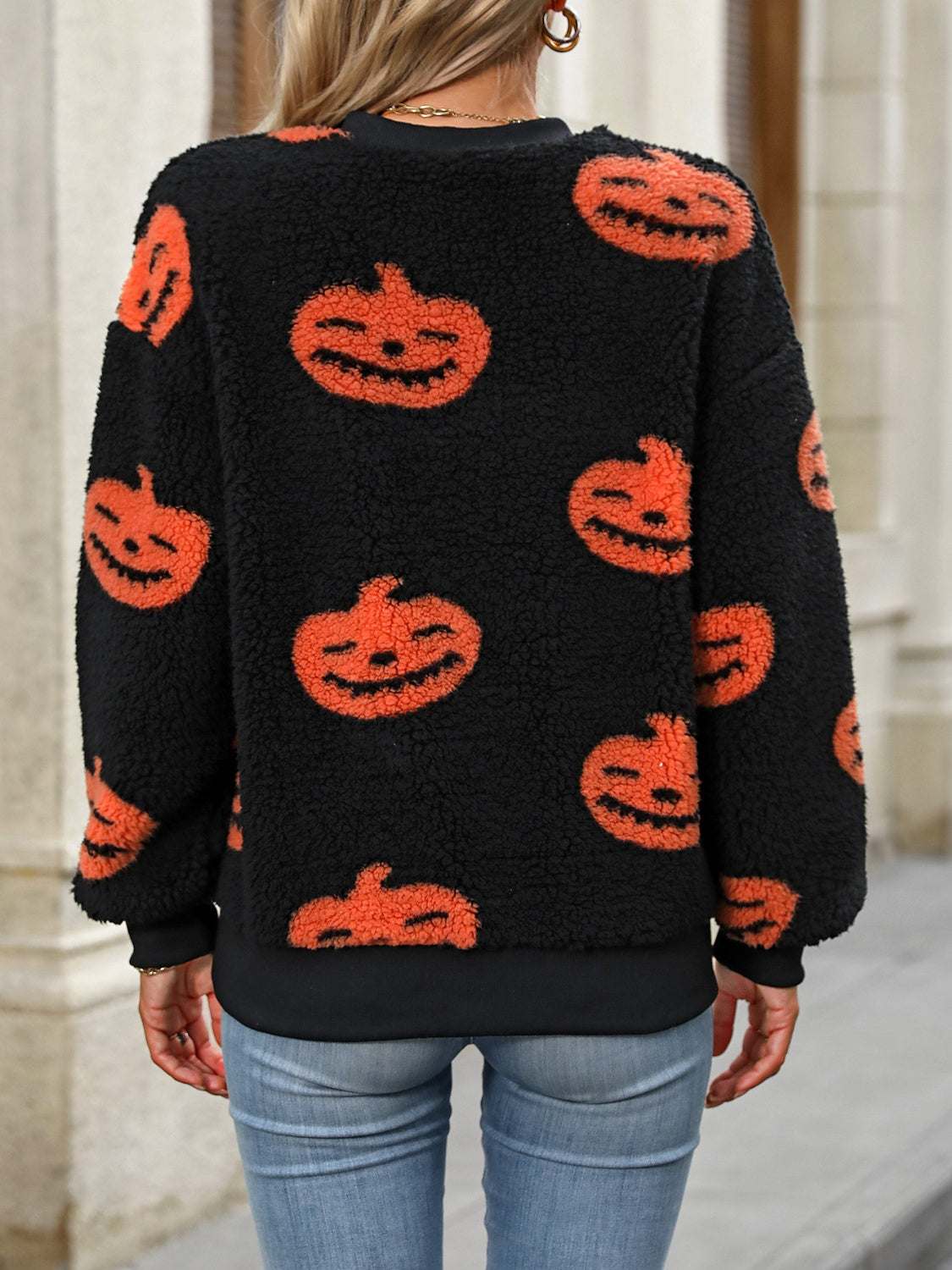 Fuzzy Pumpkin Round Neck Dropped Shoulder Sweater(ships 2-3 weeks)