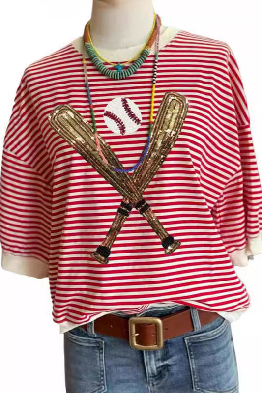 Baseball & Stripes Round Neck Half Sleeve T-Shirt (plus available)