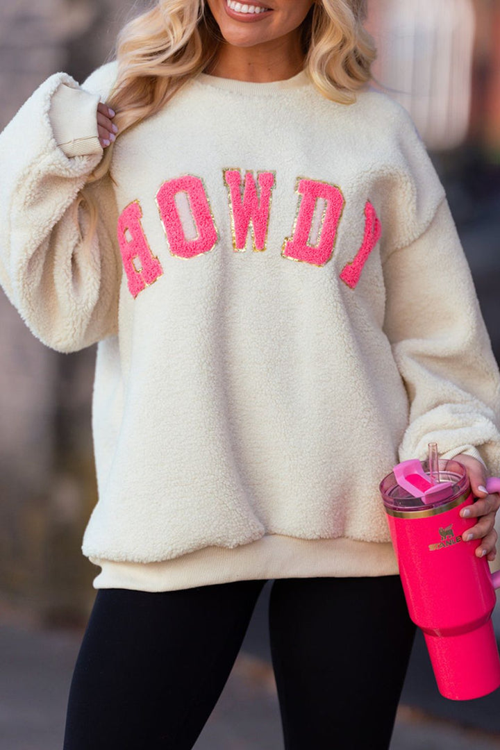 HOWDY Patched Round Neck Sherpa Sweatshirt (ships 1-2 weeks)