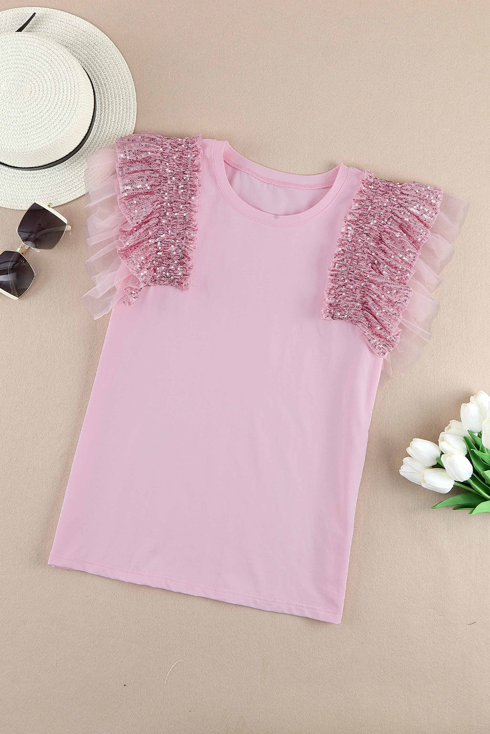 Pink Sequin & Ruffle Sleeve Top (ships 1-2 weeks)