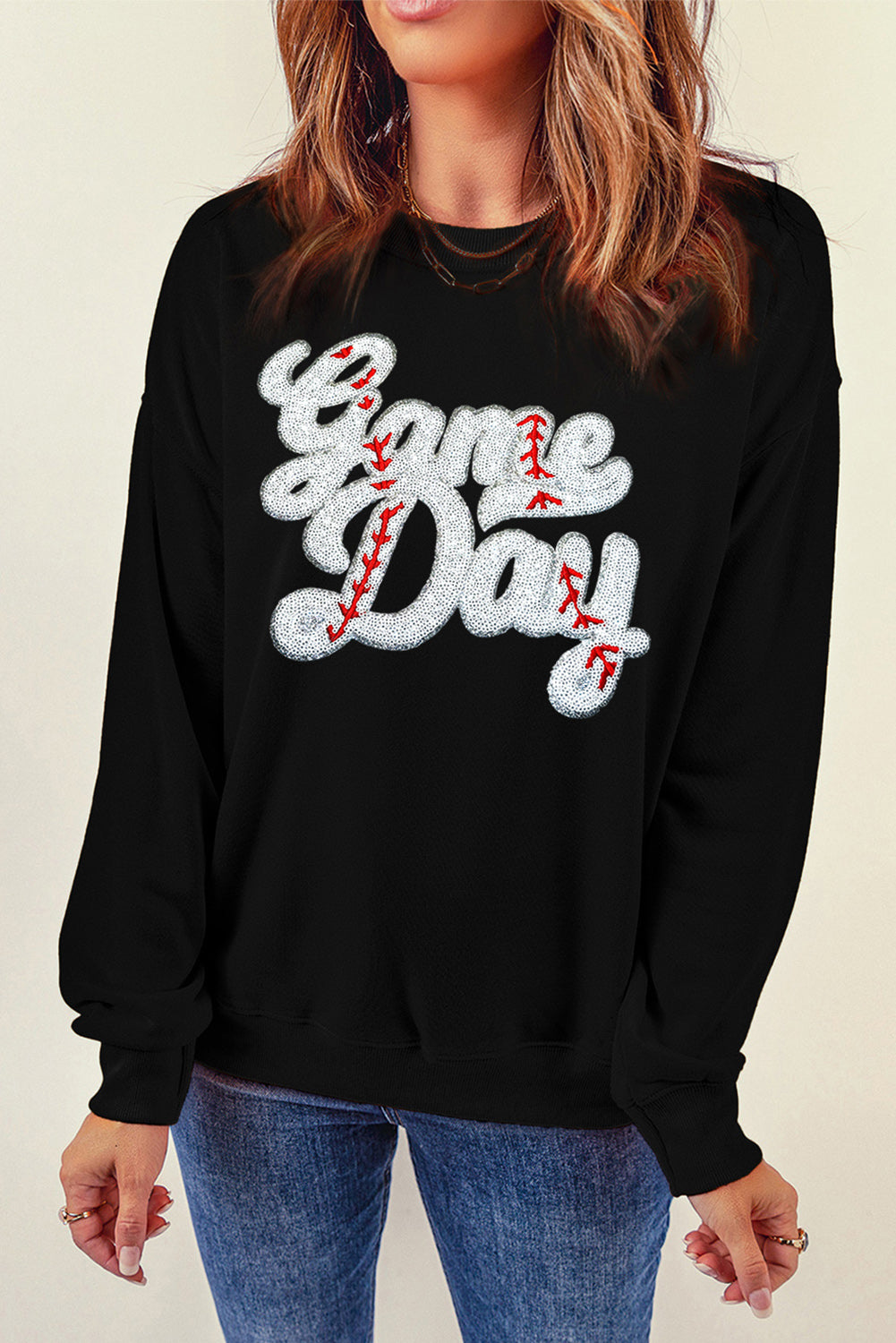 Black Game Day Baseball Graphic Crew Neck Sweatshirt(ships 2-3 weeks)