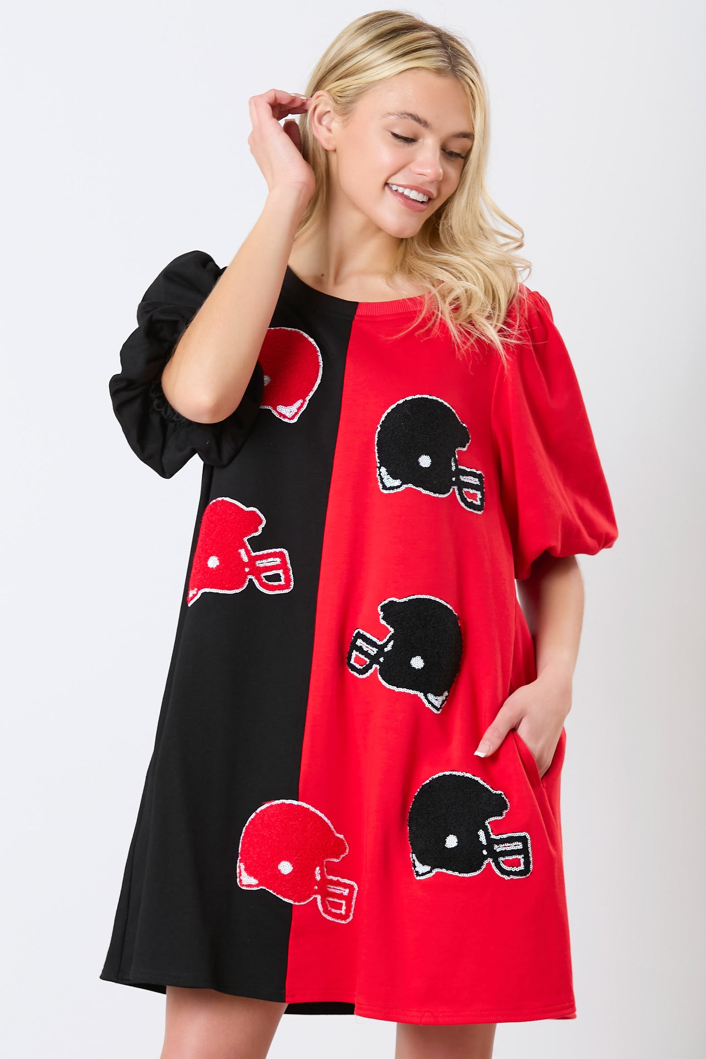 Colorblock football helmet dress (RED AND BLACK)