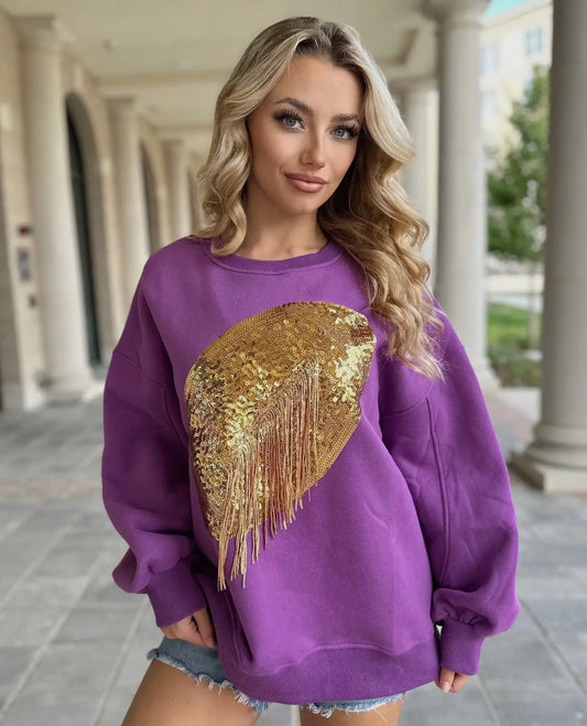 Sequin fringe Football Pullover PURPLE