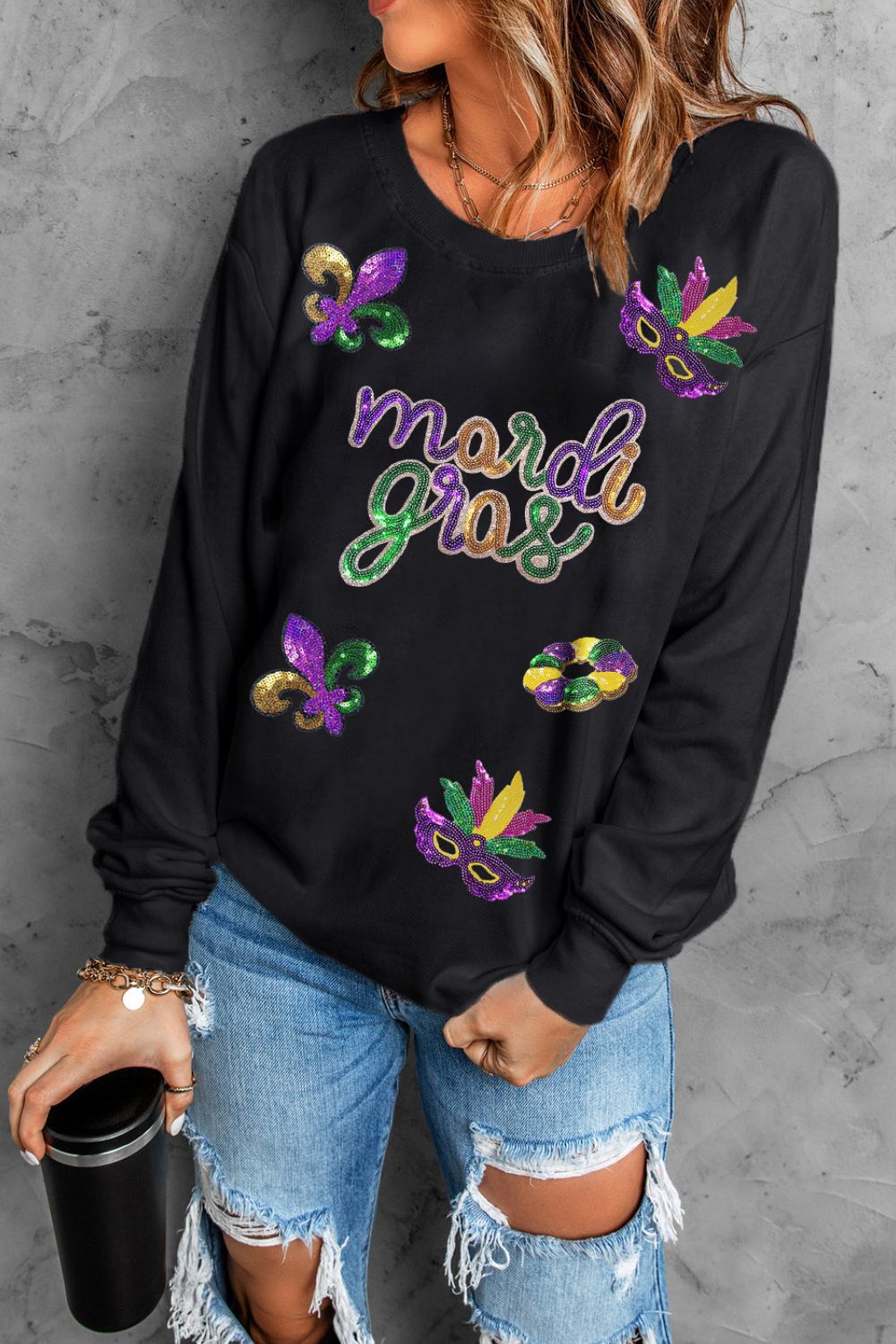 MARDI GRAS Sequin Round Neck Sweatshirt ships 1-2 weeks