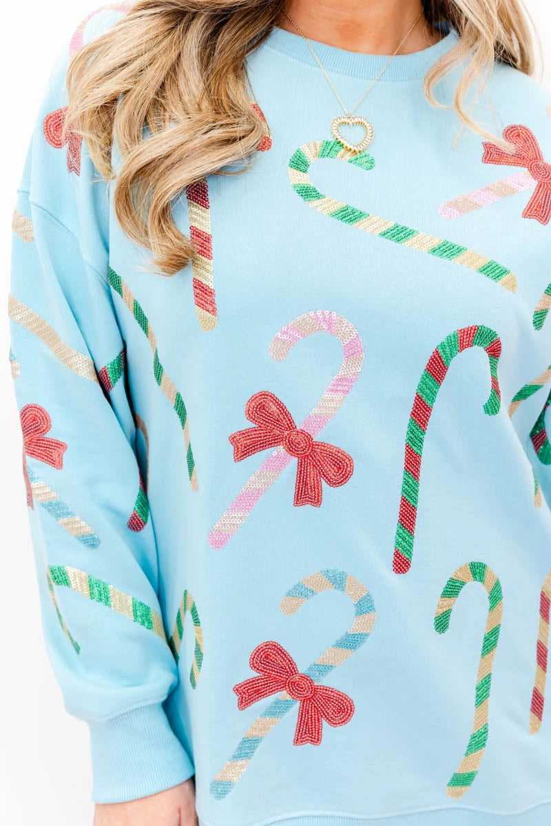 BLUE CANDY CANE & BOW PULLOVER RTS