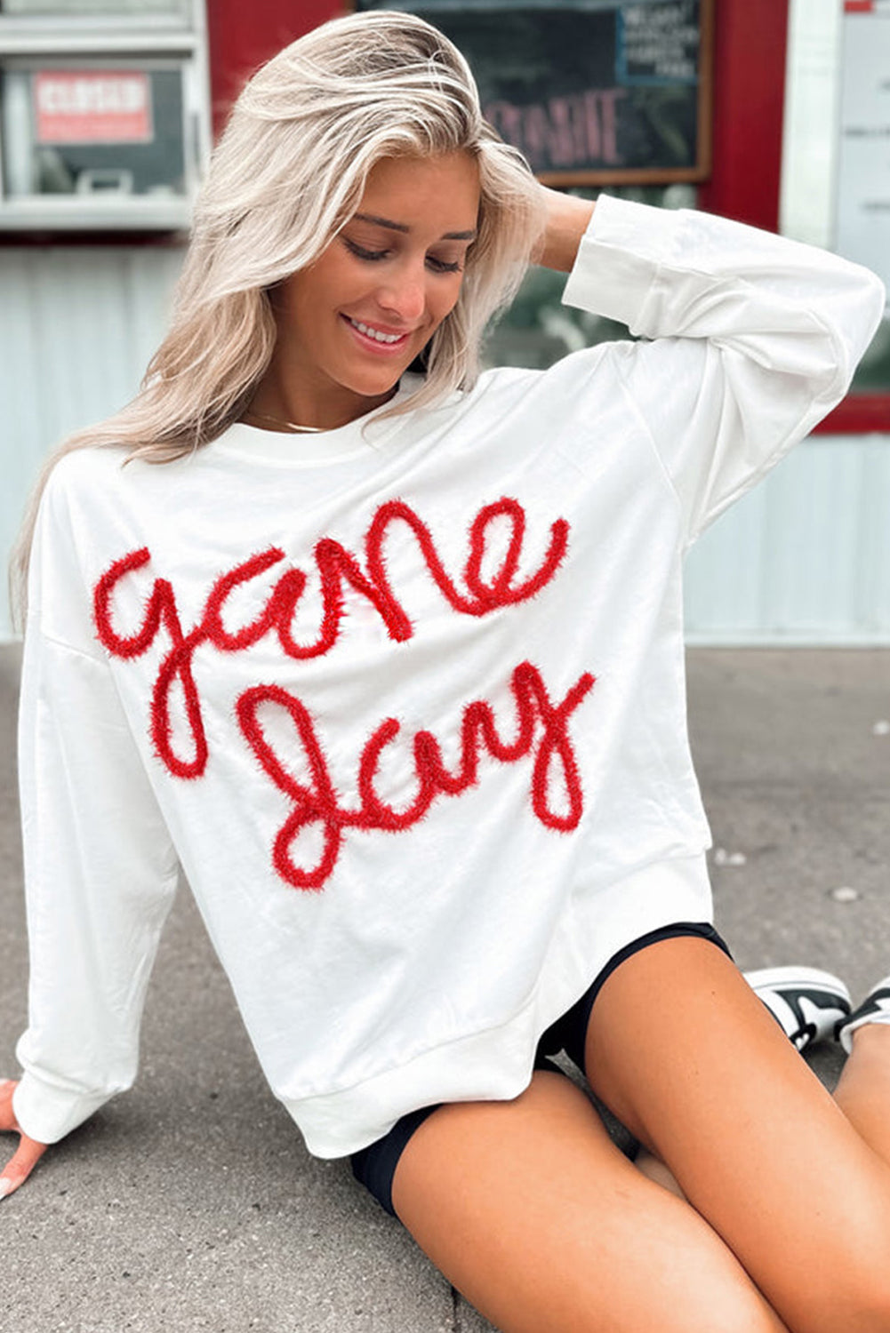 White Tinsel Game Day Drop Shoulder Sweatshirt (ships 1-2 weeks)