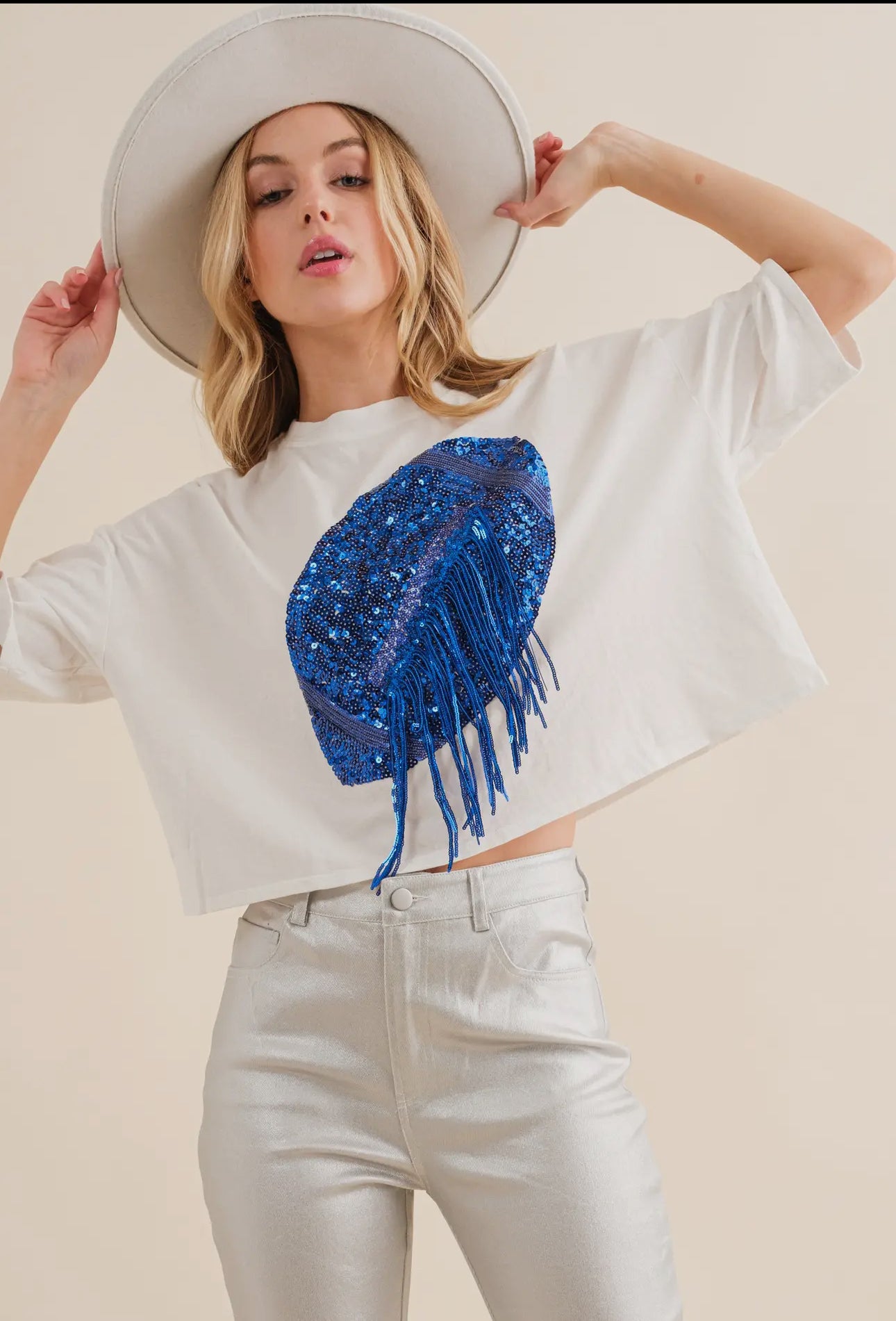 Sequin Football fringe top BLUE AND WHITE