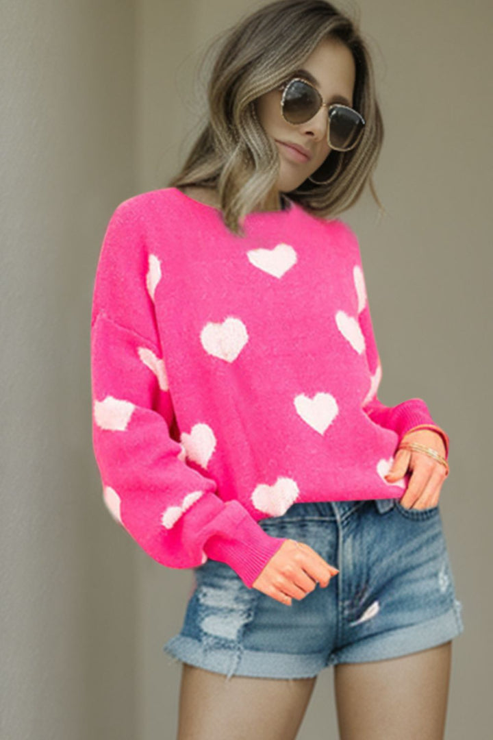 Heart Round Neck Dropped Shoulder Sweater (ships 1-2 weeks)