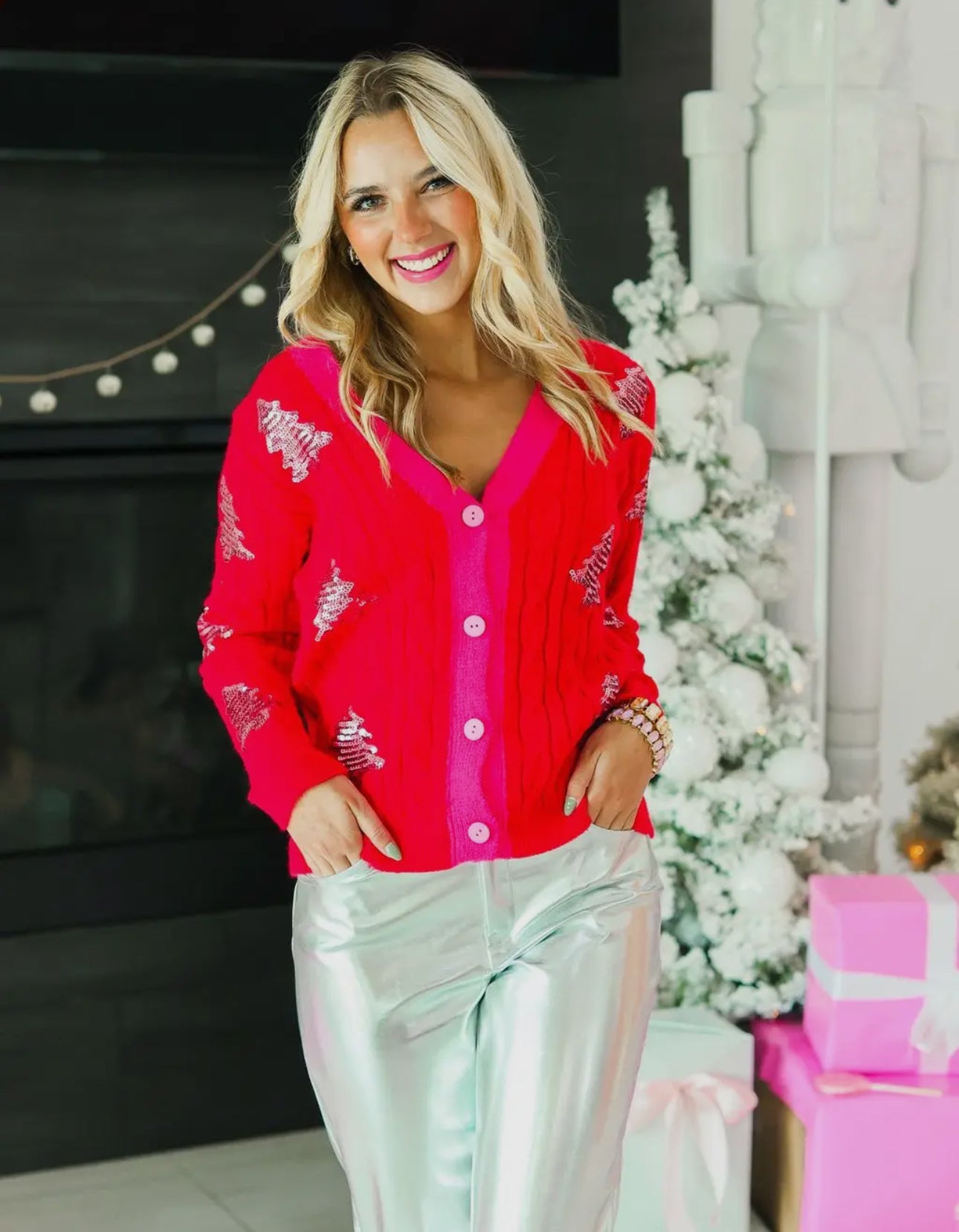 Red & Pink Sequin Christmas Tree Cardigan