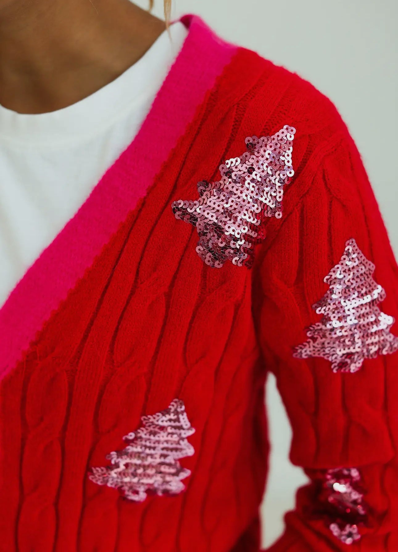 Red & Pink Sequin Christmas Tree Cardigan