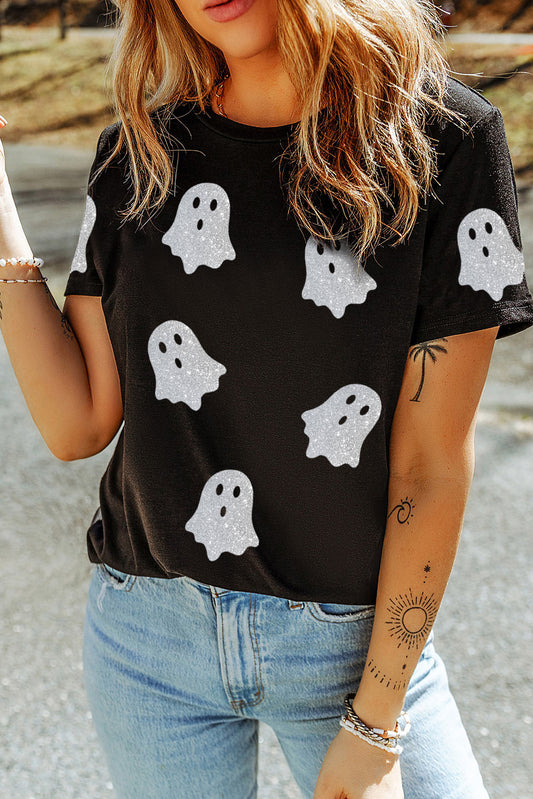 Black Glitter Ghost Pattern Crew Neck Halloween Graphic T Shirt PREORDER