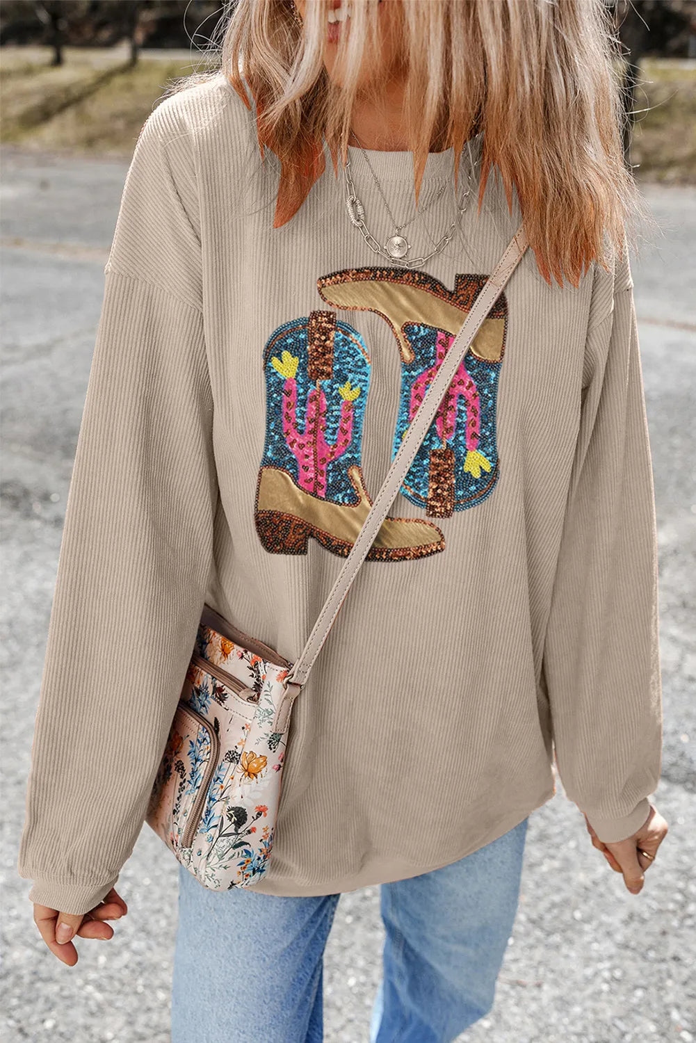 Sequin Cowboy Boot Pullover Oatmeal (ships 1-2 weeks)