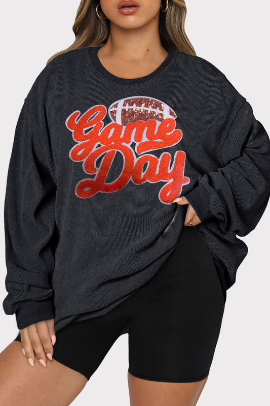 Black Textured Game Day Chenille Sequin Rugby Graphic Plus Size Sweatshirt (ships 2 weeks)