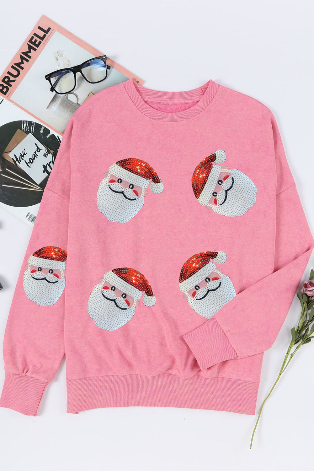 Pink Sequined Santa Clause Graphic Split Sweatshirt ships 2-3 weeks