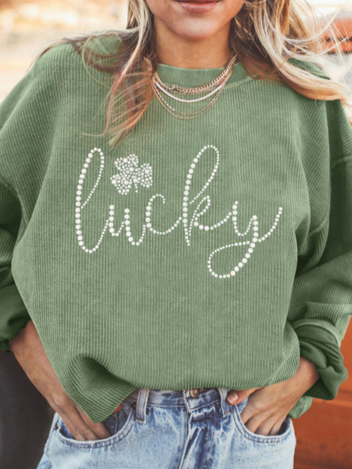 LUCKY Rhinestone Round Neck Long Sleeve Sweatshirt  (ships 2-3 weeks)