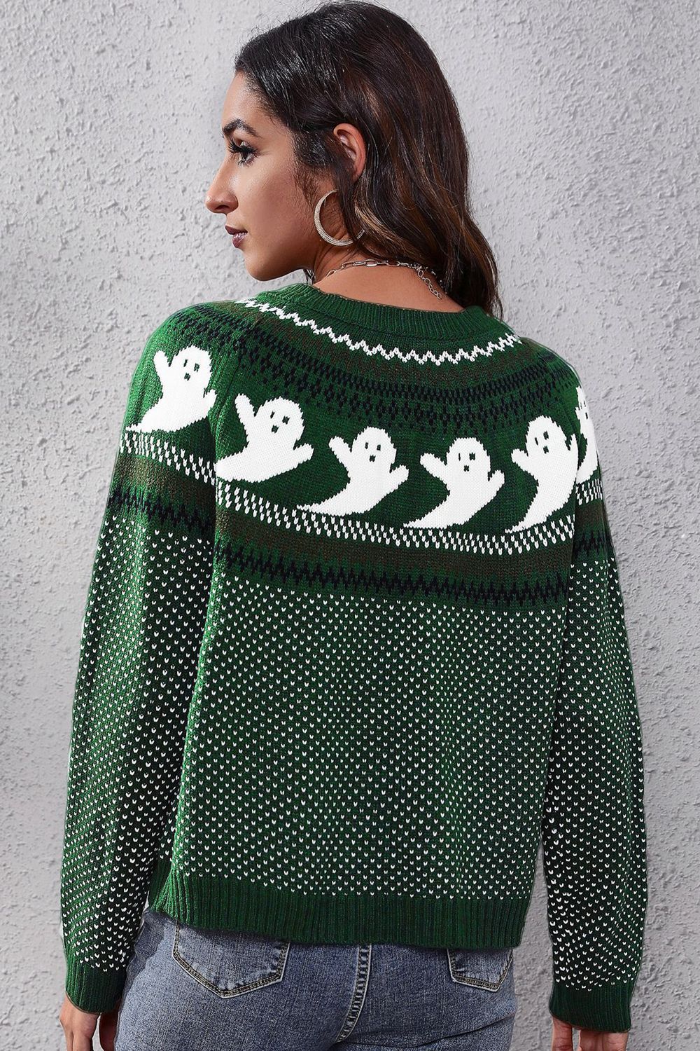 Ghost Pattern Round Neck Long Sleeve Sweater (ships in 2 weeks)