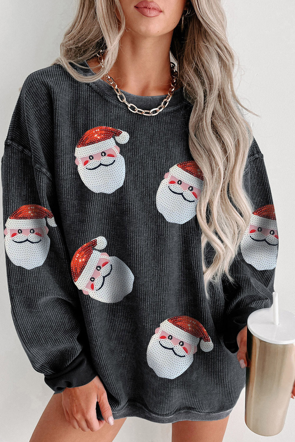 Black Sequined Santa Claus Corded Christmas Graphic Sweatshirt ships 2-3 weeks