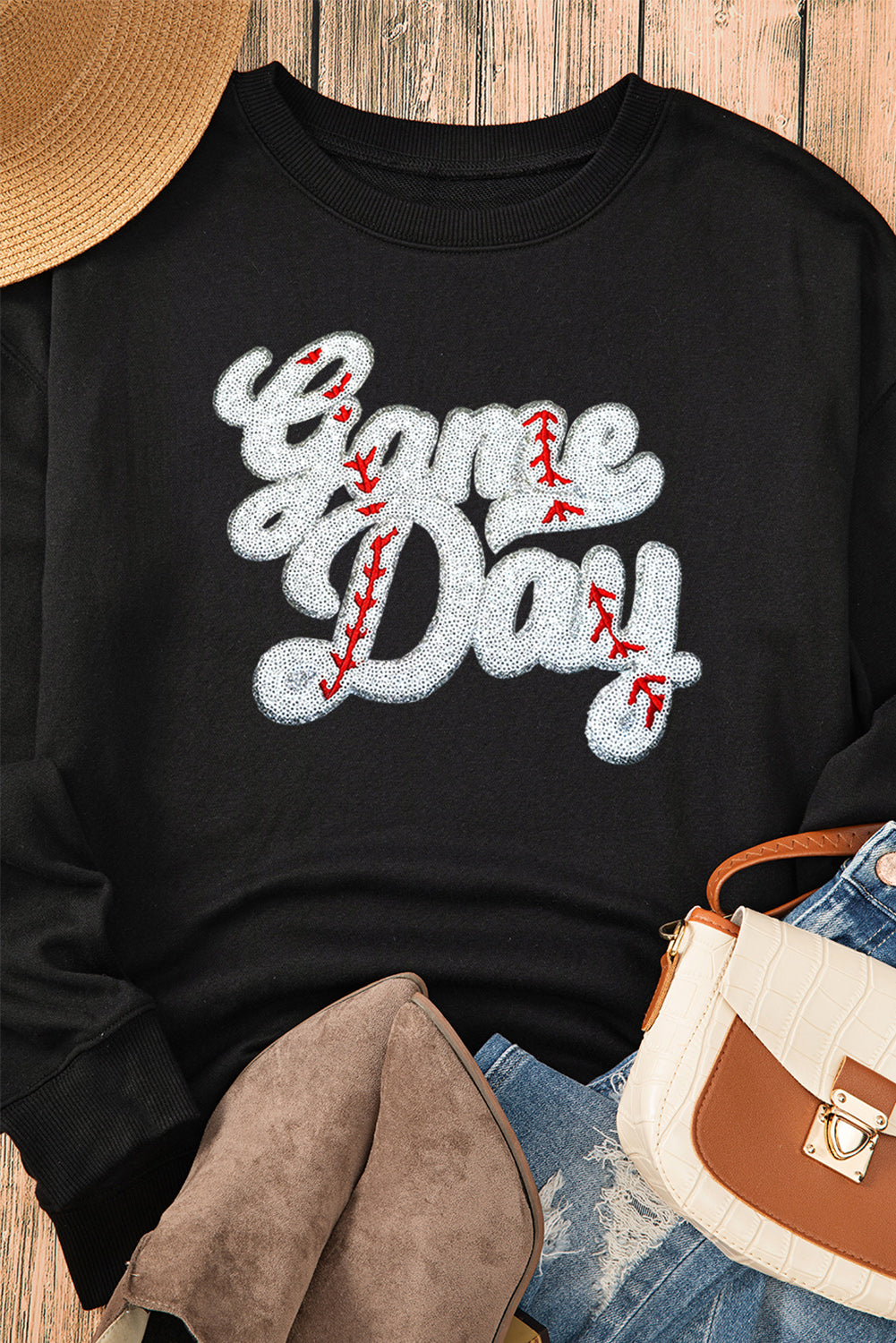 Black Game Day Baseball Graphic Crew Neck Sweatshirt(ships 2-3 weeks)