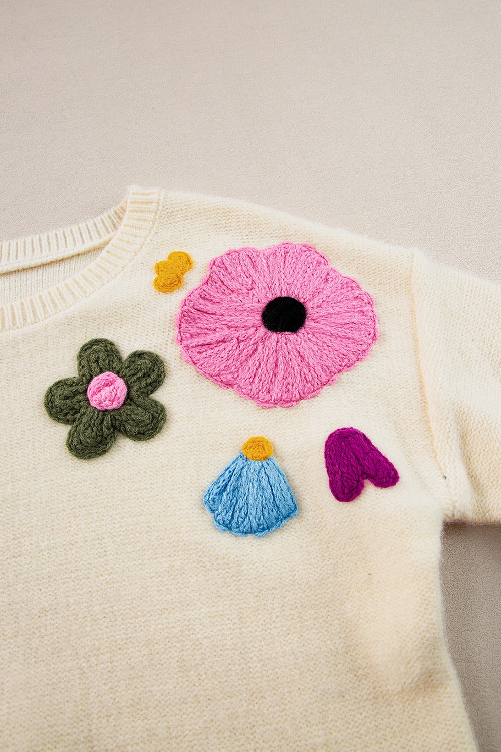 Crochet Flower Round Neck Dropped Shoulder Sweater (ships 1-2 weeks)