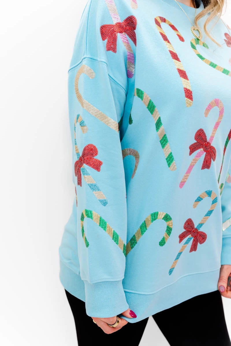 BLUE CANDY CANE & BOW PULLOVER RTS
