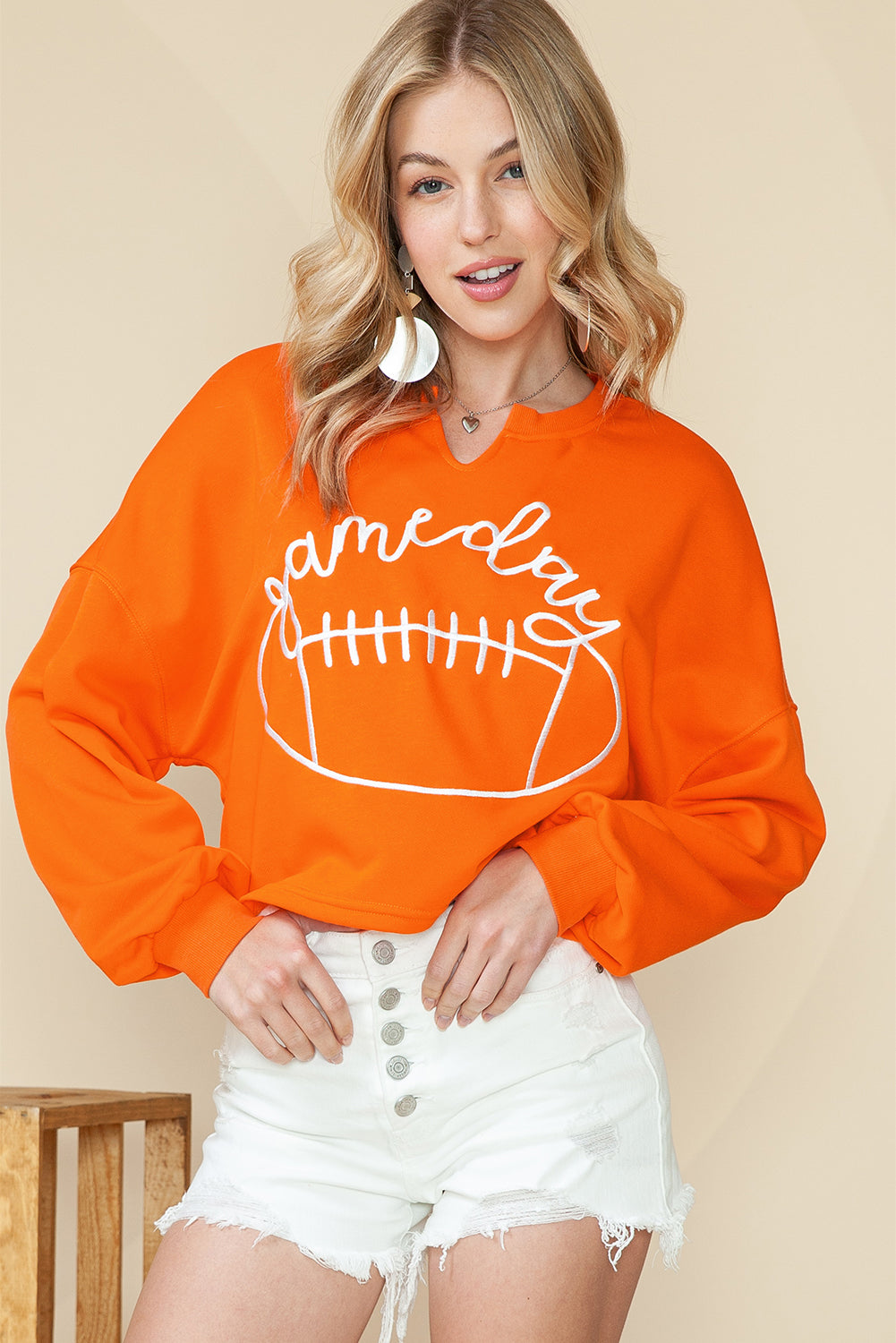 Orange Game Day Lettering Rugby Notched Neck Cropped Sweatshirt (ships 2 weeks)