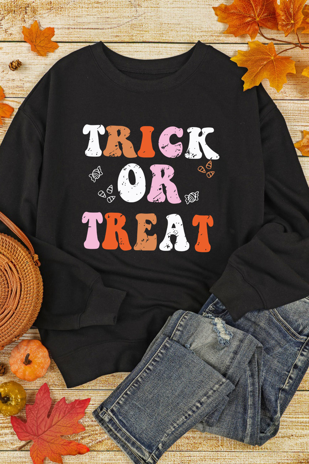 Black Halloween TRICK OR TREAT Graphic Crewneck Sweatshirt(ships 2-3 weeks)