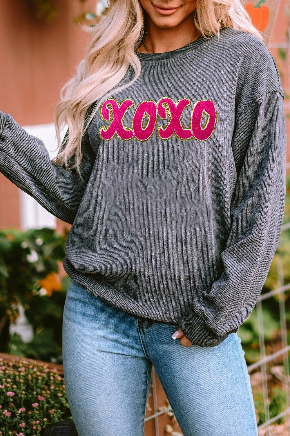 XOXO Sequin Round Neck Dropped Shoulder Sweatshirt ships 1-2 weeks