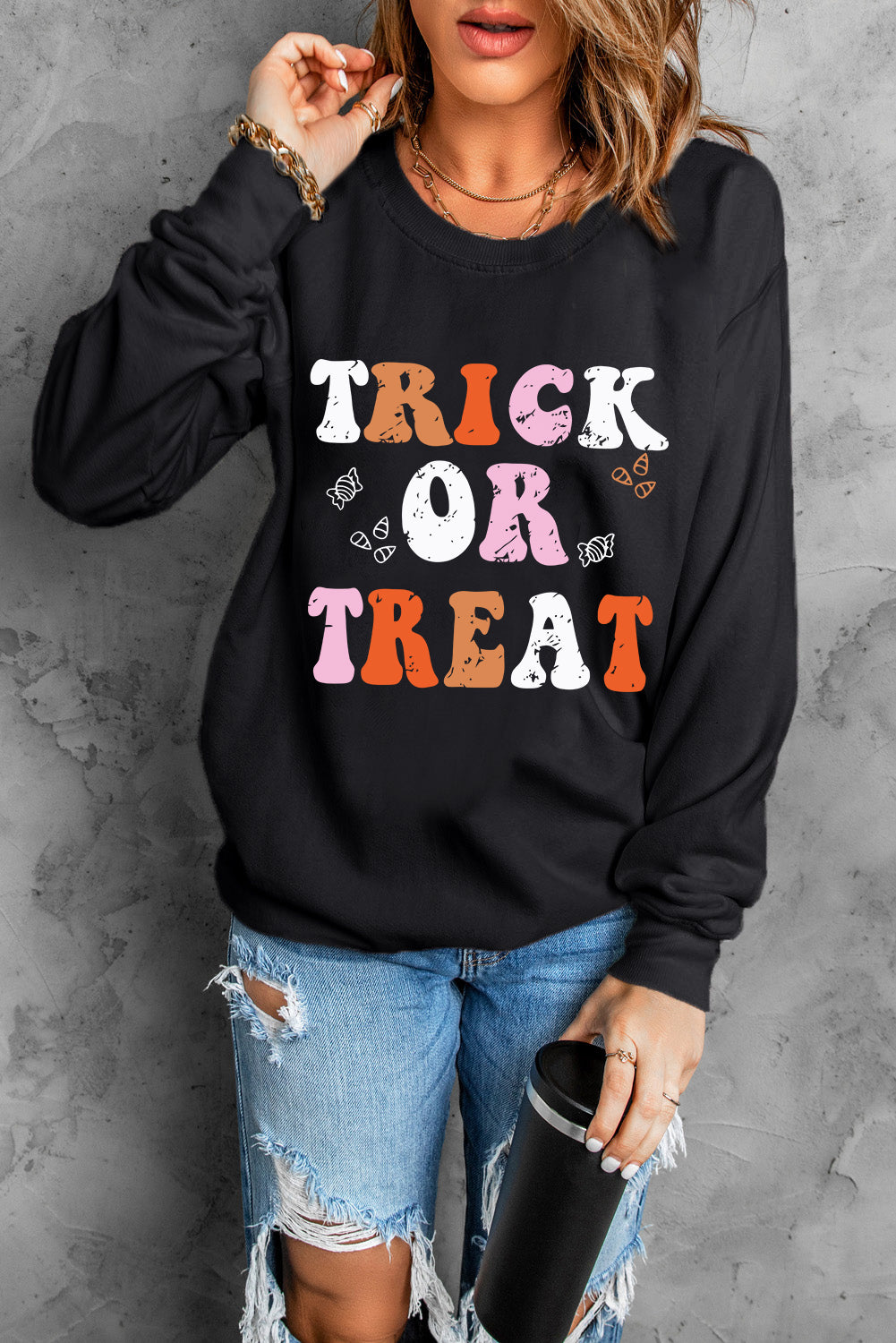 Black Halloween TRICK OR TREAT Graphic Crewneck Sweatshirt(ships 2-3 weeks)