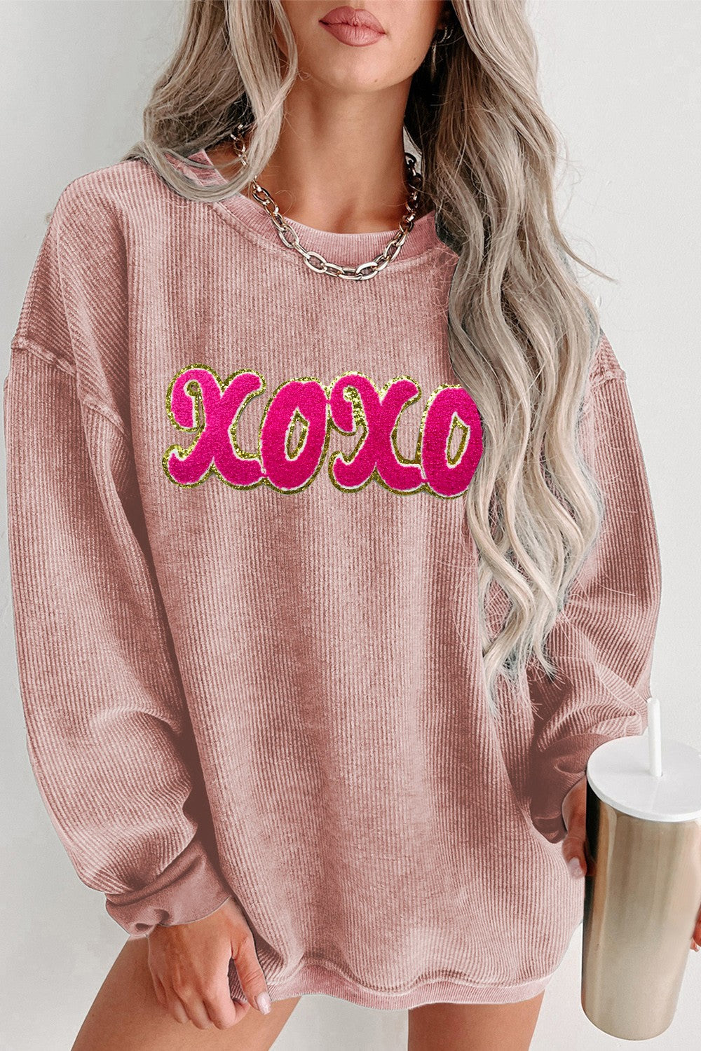 XOXO Sequin Round Neck Dropped Shoulder Sweatshirt ships 2-3 weeks