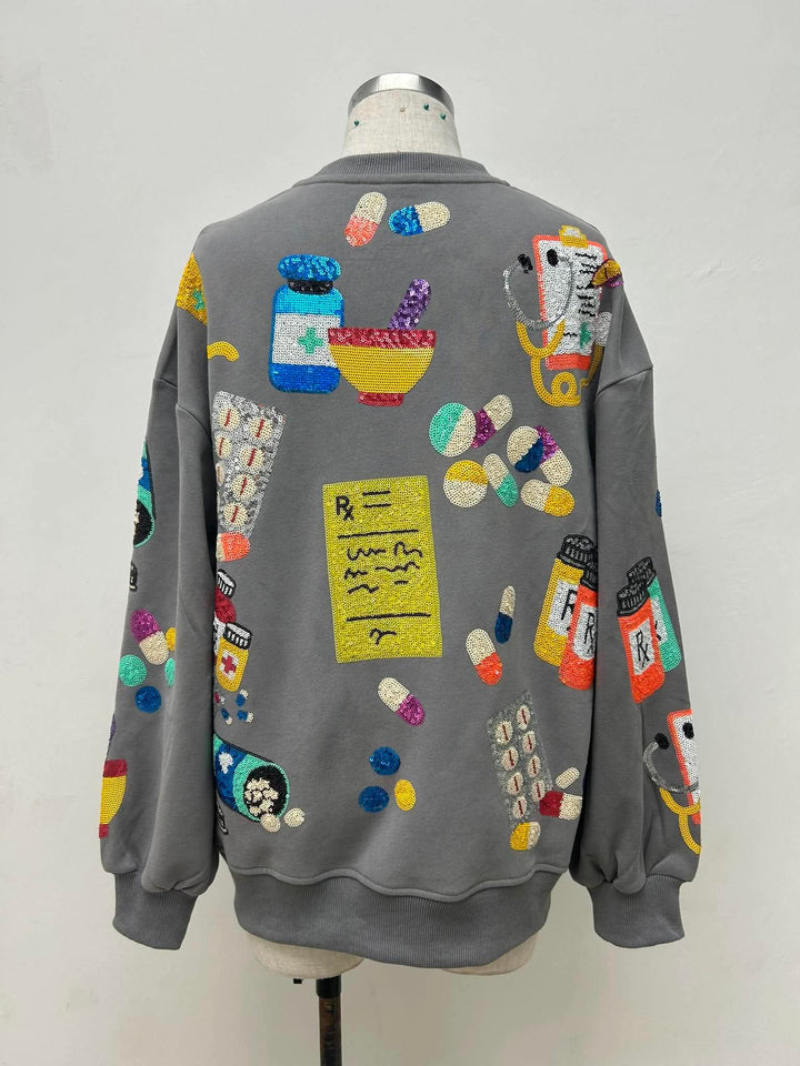 GRAY SEQUINED PHARMACY PULLOVER RTS (READY TO SHIP)