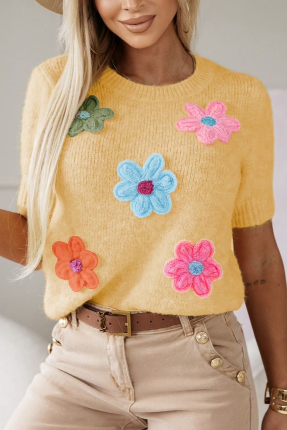 Flower Round Neck Short Sleeve Sweater ships 1-2 weeks