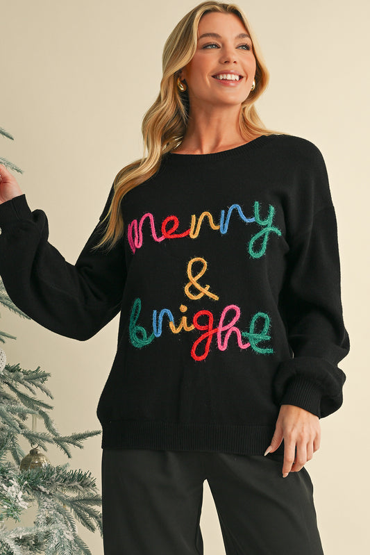 Black Colorful Merry & Bright Tinsel Graphic Sweater (ships 2-3 weeks)