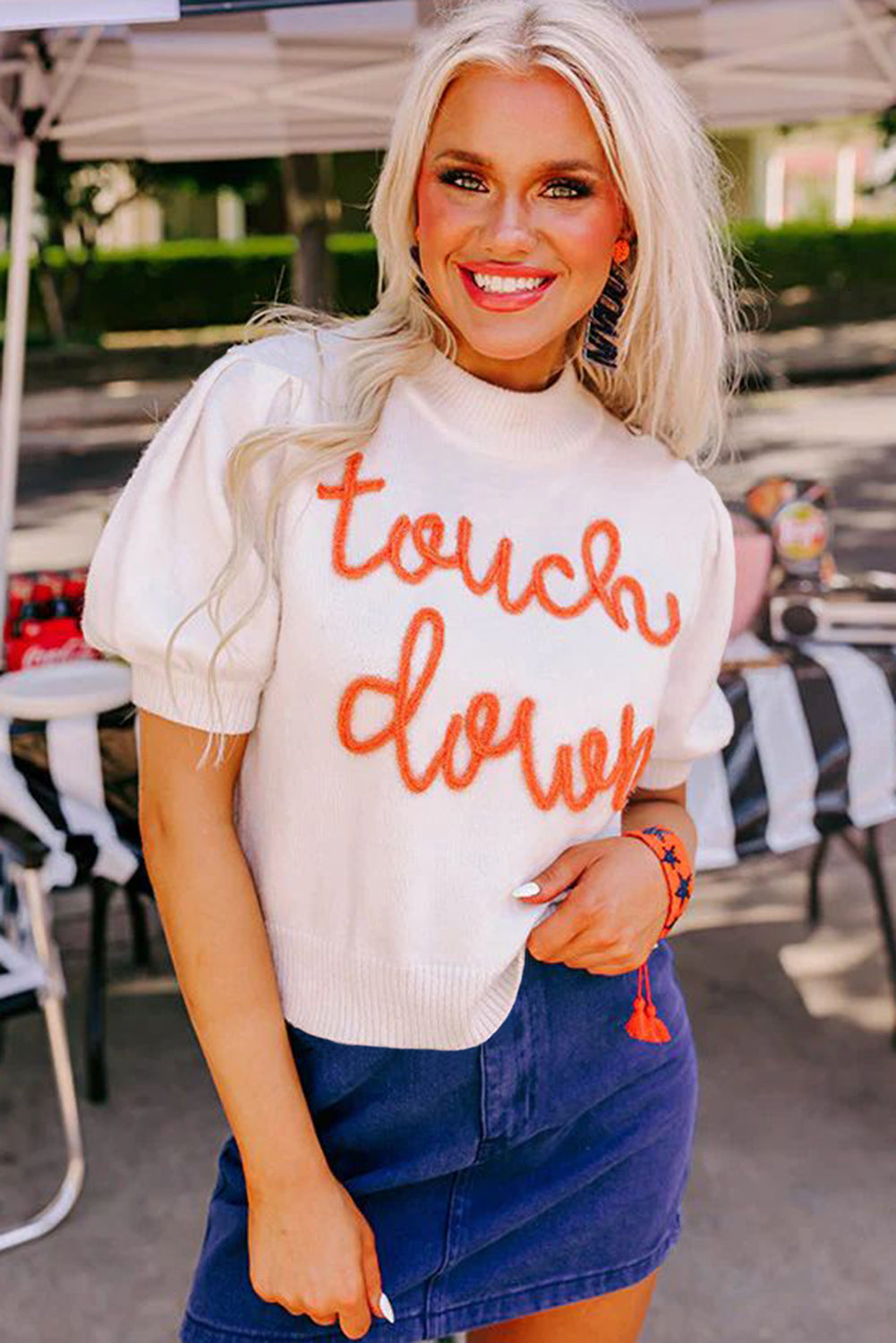 White Touchdown Tinsel Puff Short Sleeve Sweater (ships 1-2 weeks)