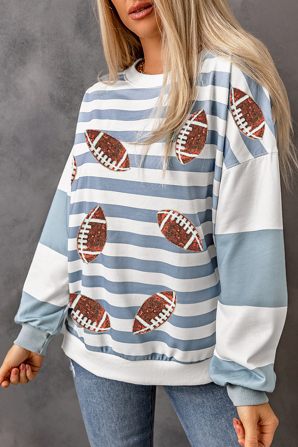 Stripe Sequined Rugby Graphic Round Neck Sweatshirt (ships 2 weeks)