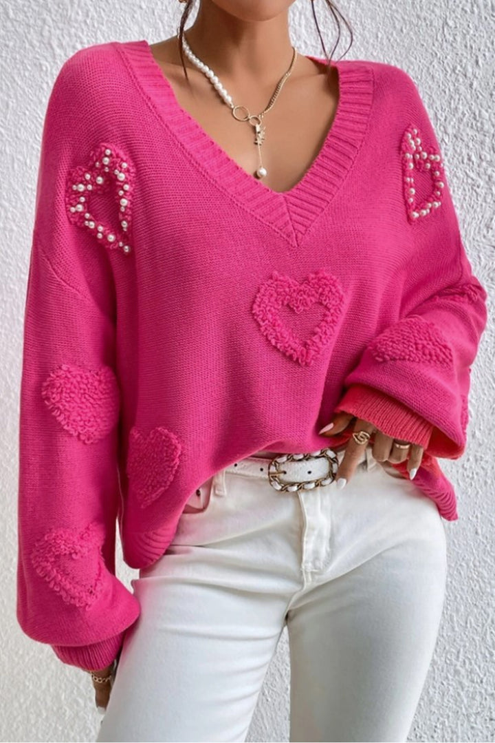 Pearl Trim Heart V-Neck Sweater (ships 1-2 weeks)